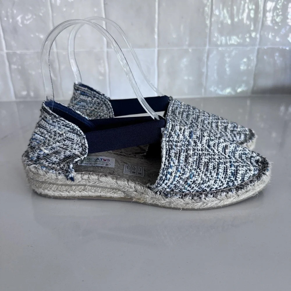 Arpagatus‎ Tweed Espadrille Flats Women Size 37 Blue White Jute Slip On Spain